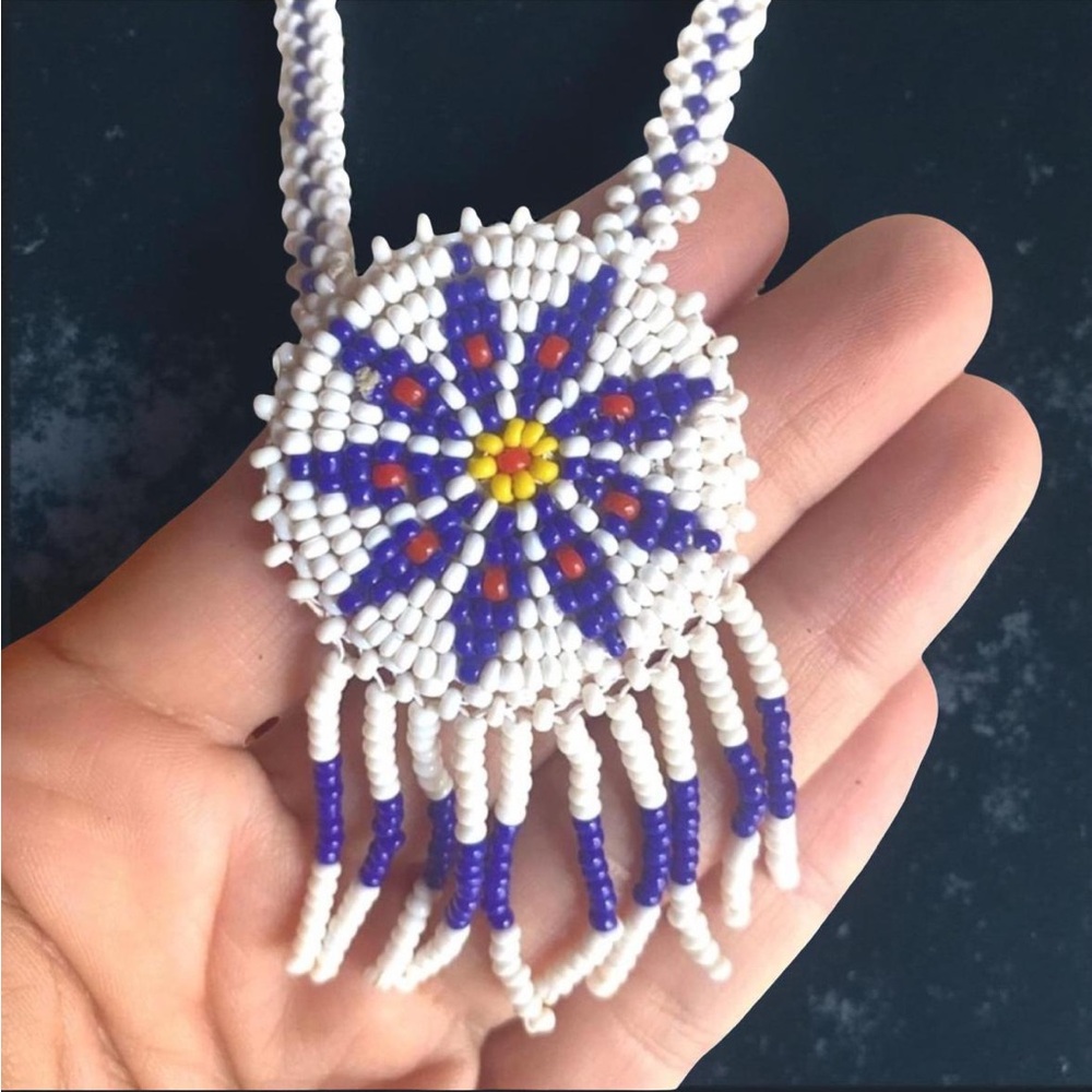 Native Blue and White Long Beaded Necklace